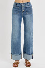 RISEN High Rise Ankle Wide Button Patch Pocket Cuffed Jeans OutfitFlow