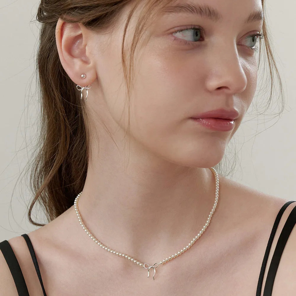 Copper Pearls Bow Necklace Silver One Size OutfitFlow