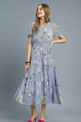 Umgee Smocked Waist Floral Short Sleeve Midi Dress Light Blue OutfitFlow