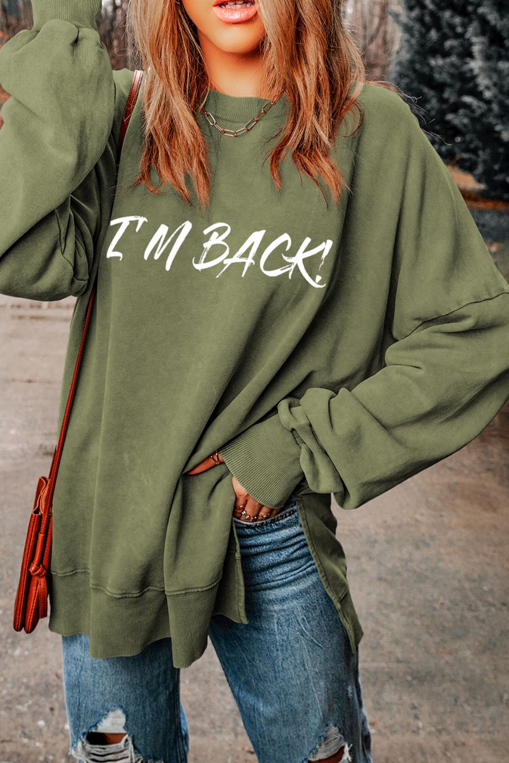 Outfit Flow - I'M BACK Round Neck Dropped Shoulder Sweatshirt