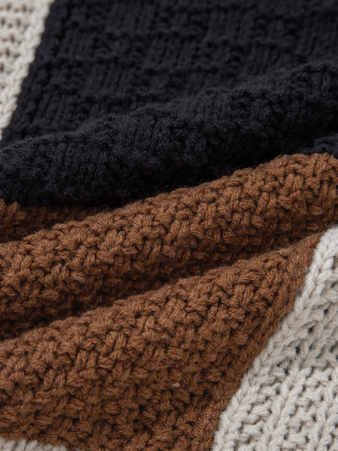 Multicolour Color Block Cable Knit Sleeve Buttons Collared Sweater OutfitFlow