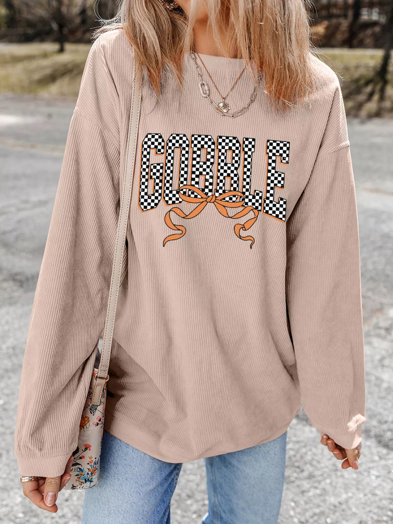 Twisted Ribbed Texture Checkered GOBBLE Bow Baggy Sweatshirt Khaki OutfitFlow