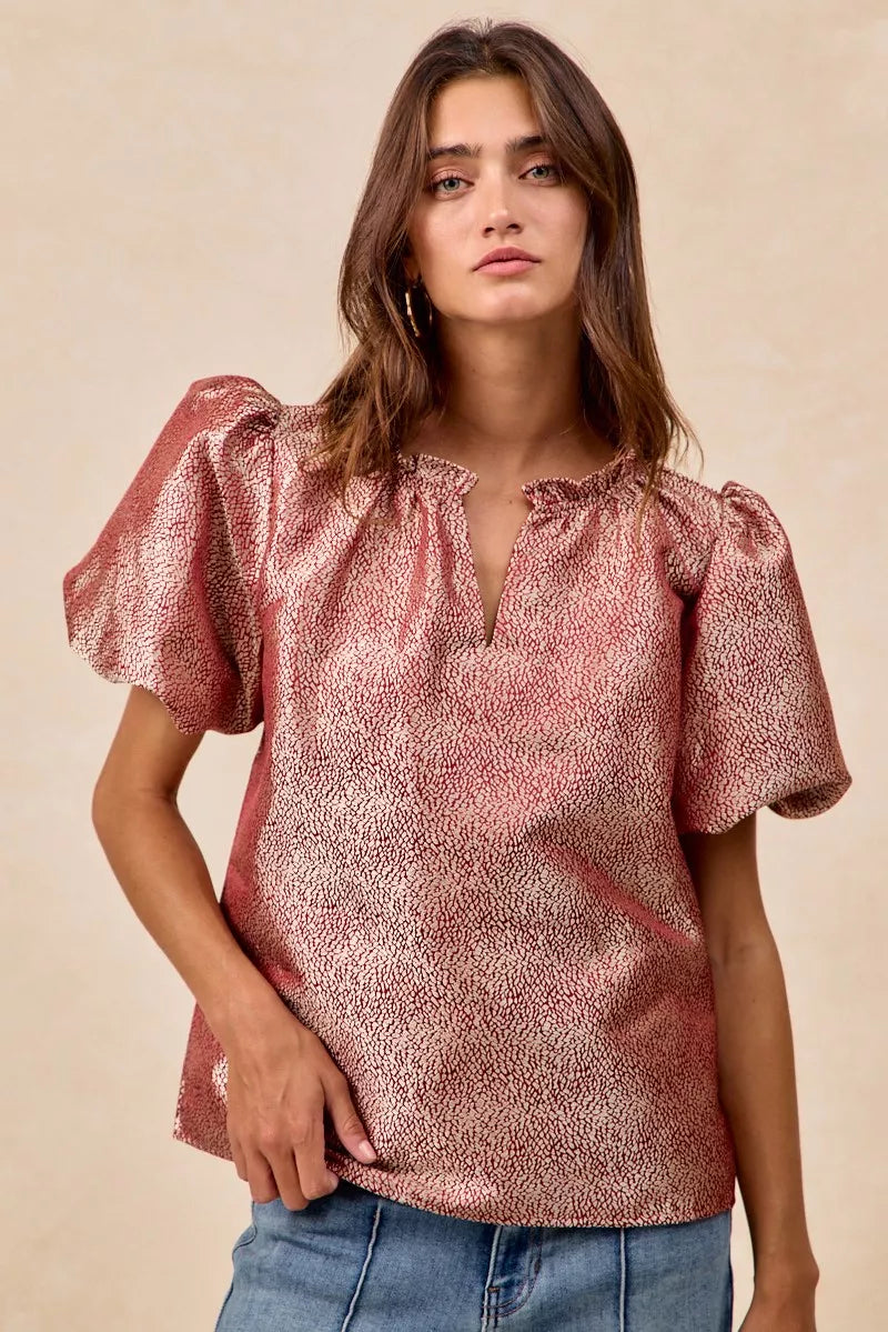 BiBi Jacquard Woven Short Balloon Sleeves V Neck Top OutfitFlow