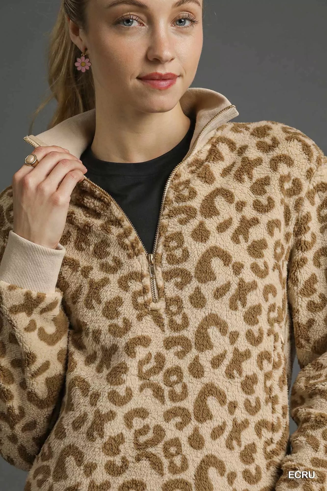 Umgee Leopard Print Quarter-Zip Sweatshirt OutfitFlow