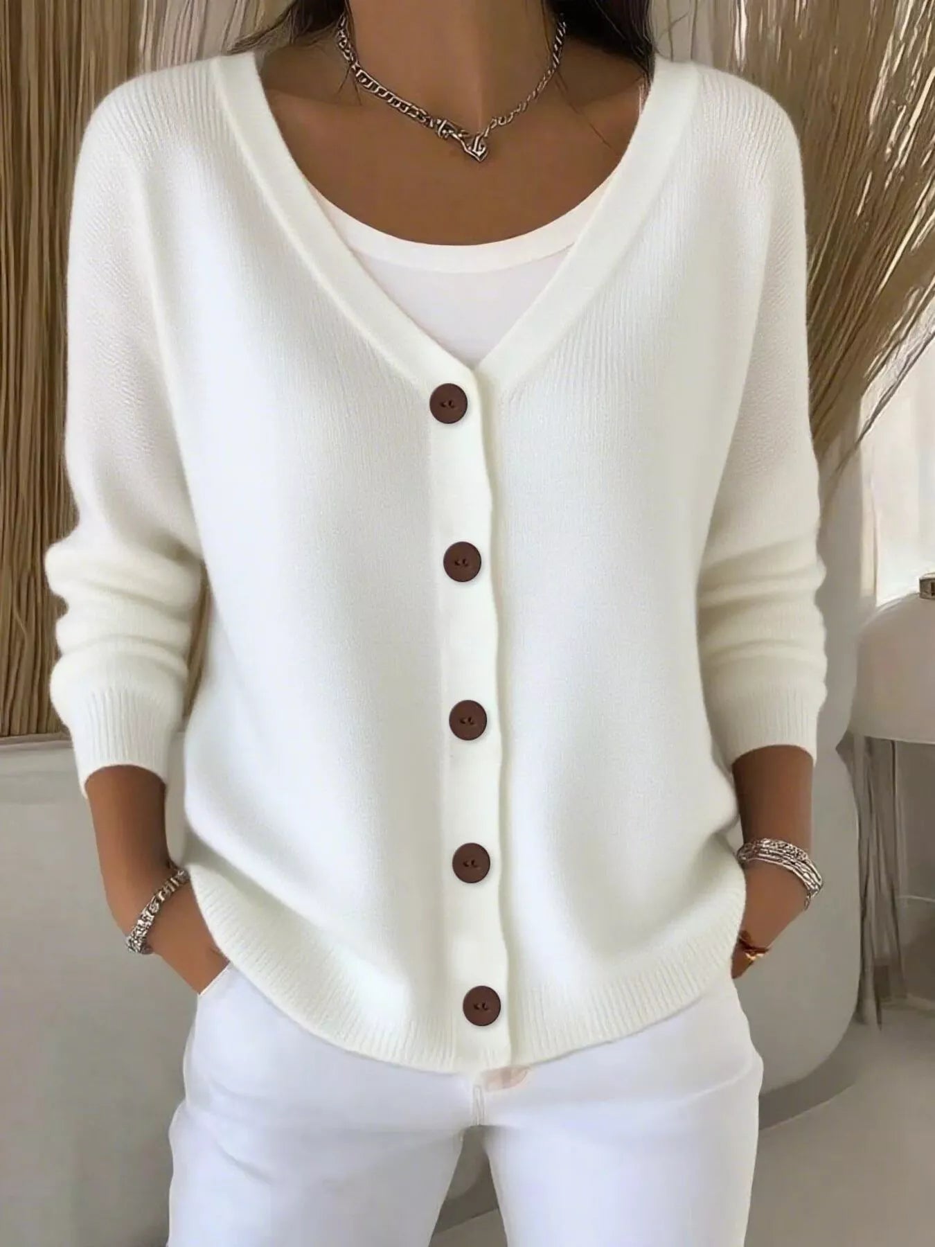 Full Size V-Neck Button-Down Knit Cardigan Plus Size White OutfitFlow