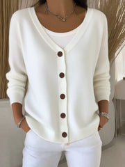 Full Size V-Neck Button-Down Knit Cardigan Plus Size White OutfitFlow