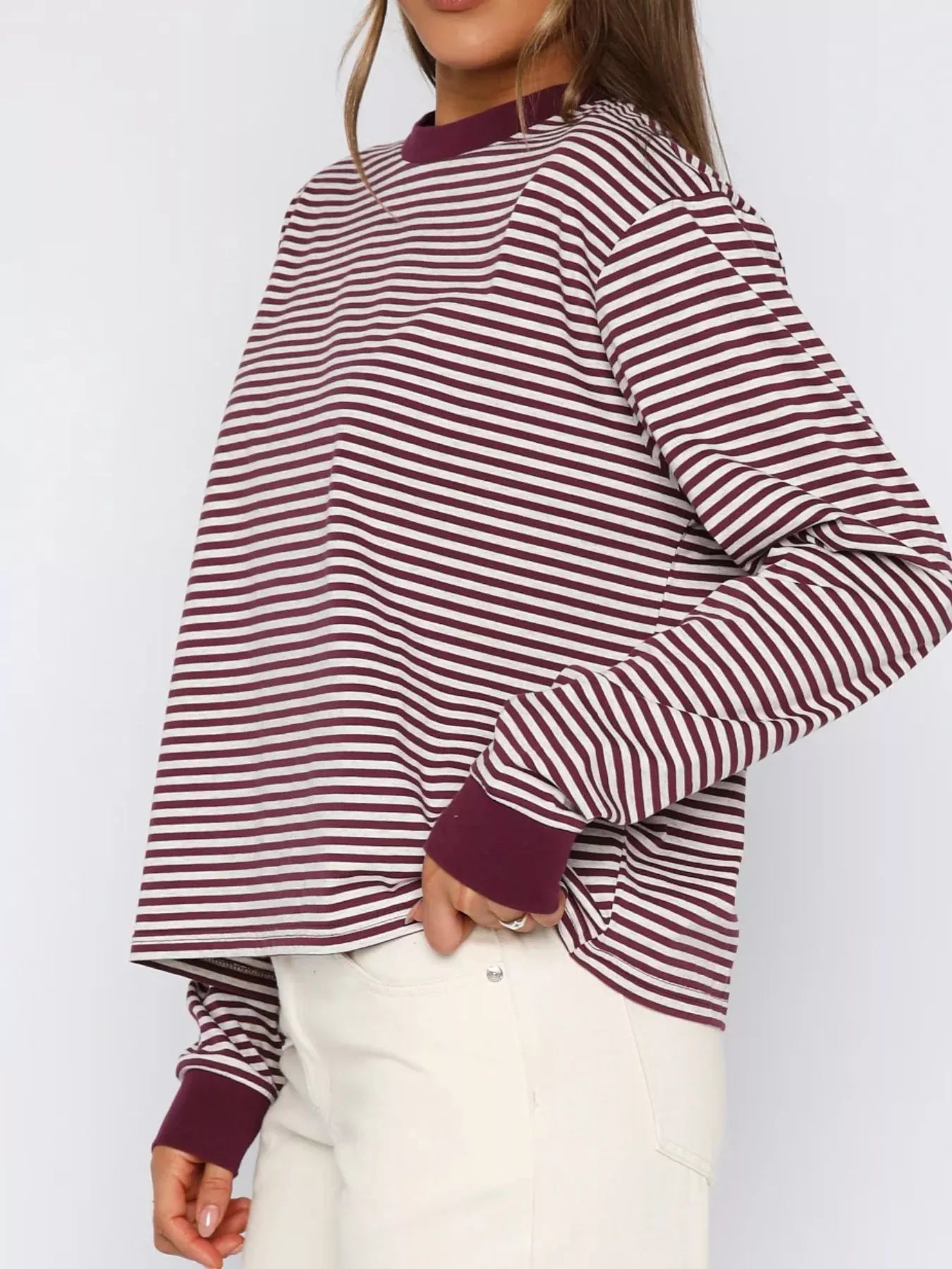 Striped Oversized Round Neck Sweatshirt OutfitFlow