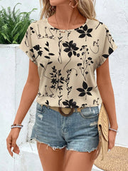 Printed Round Neck Short Sleeve Blouse OutfitFlow