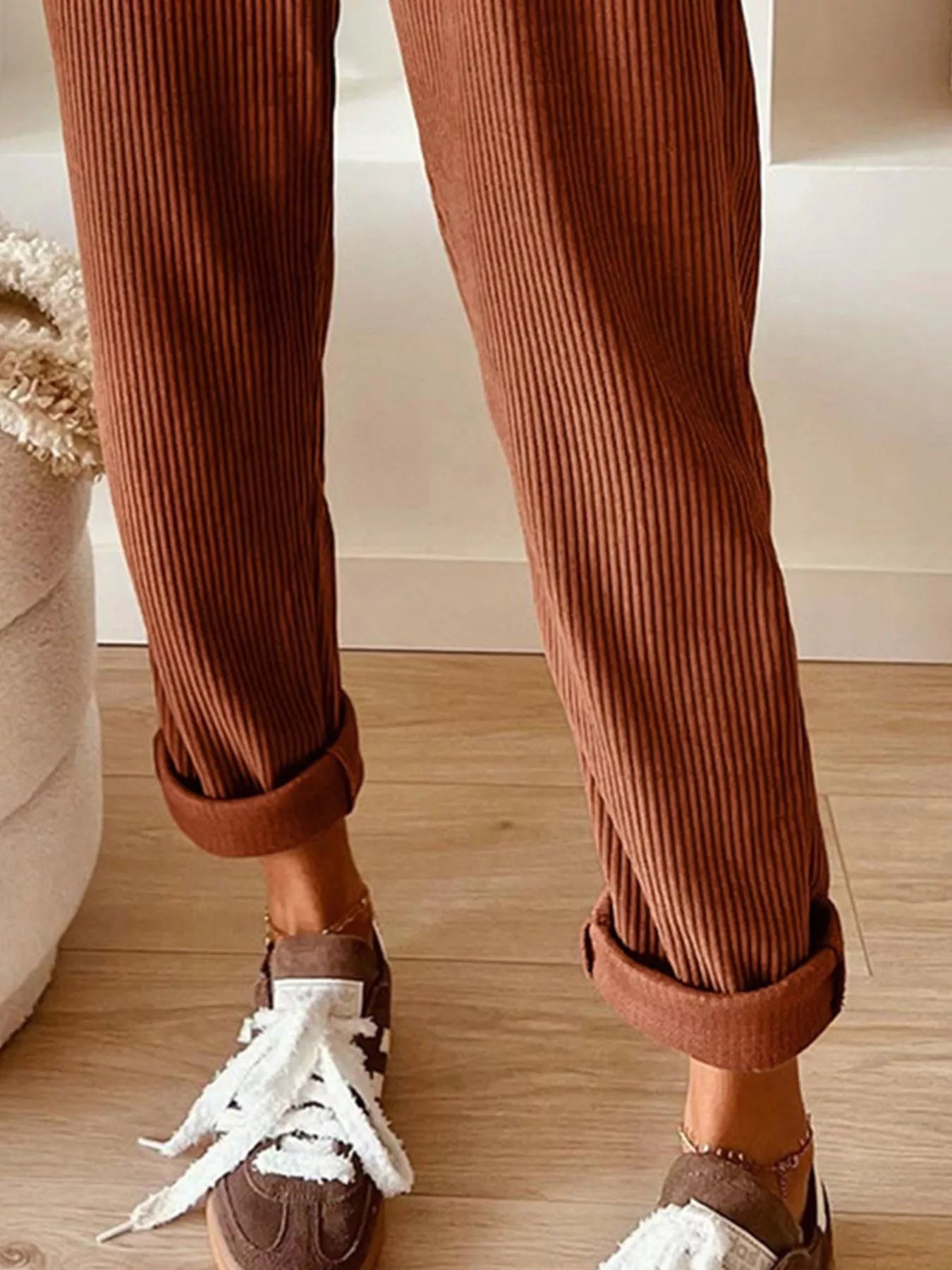 Casual Corduroy Drawstring Waist Pants OutfitFlow