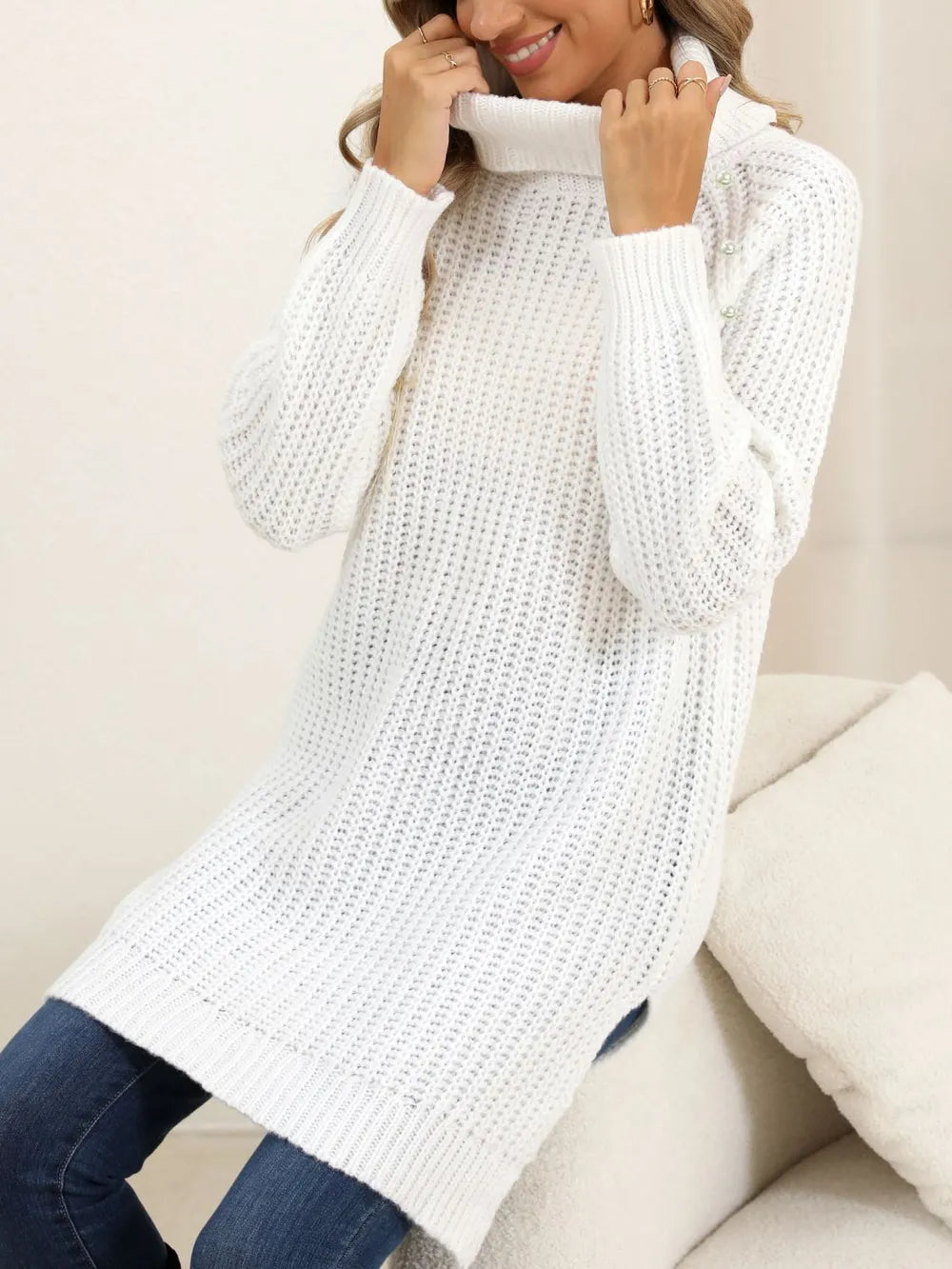 Slit Turtleneck Long Sleeve Sweater OutfitFlow