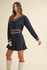 MABLE Cable-Knit Top and Pleated Skirt Sweater Set OutfitFlow