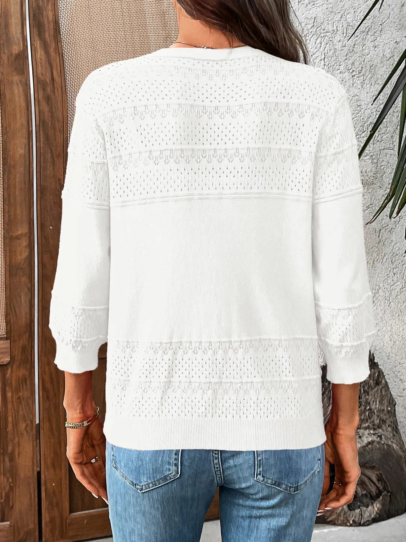 Textured Button-Front Cardigan with 3/4 Sleeves OutfitFlow