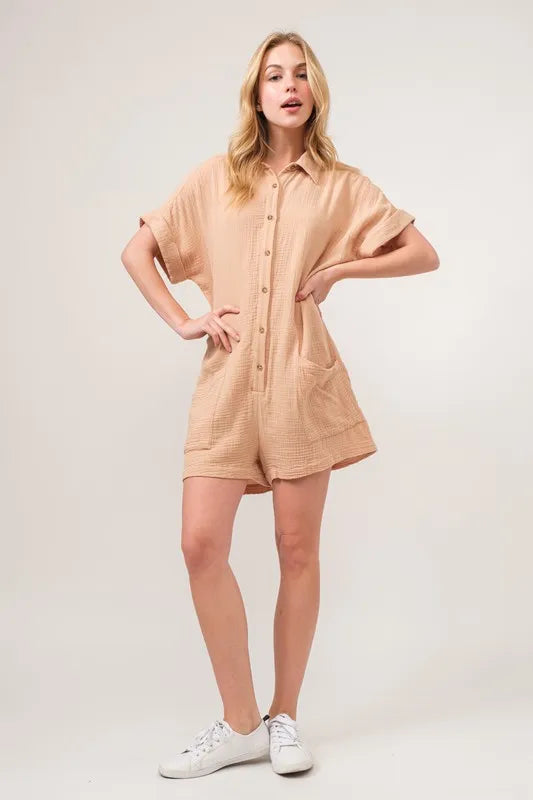 And The Why Washed Gauze Roll-up Sleeve Comfort Utility Romper OutfitFlow