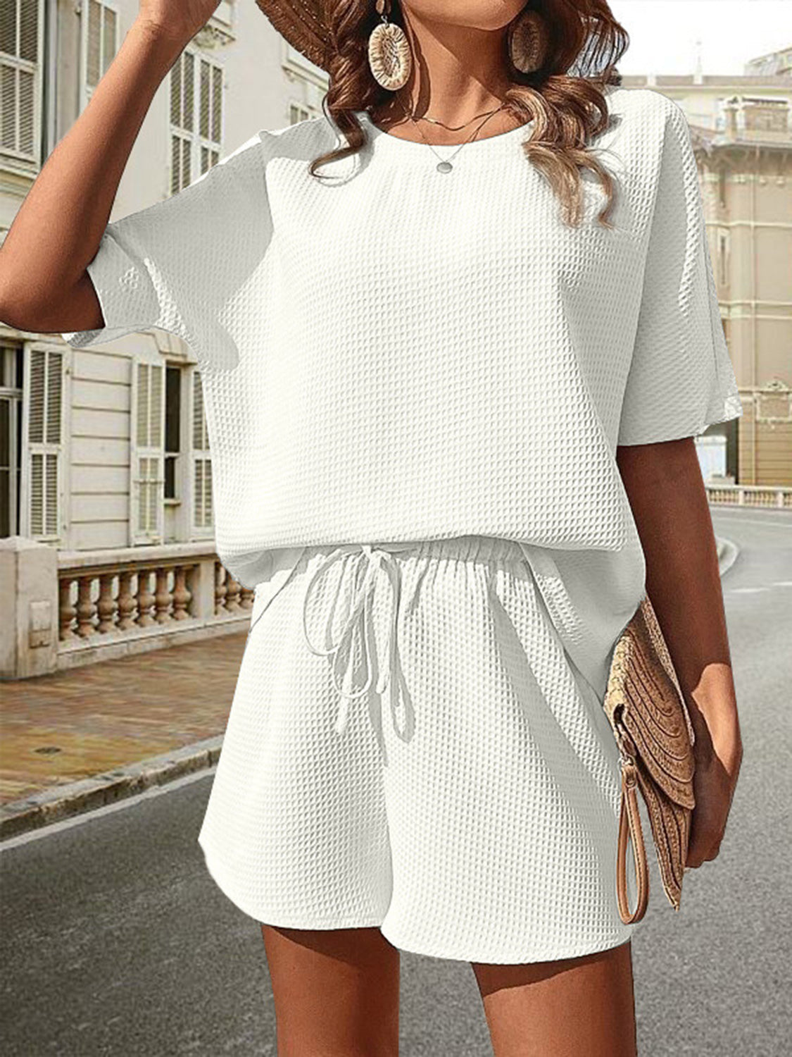 Outfit Flow - Waffle-Knit Half Sleeve Top and Shorts Set