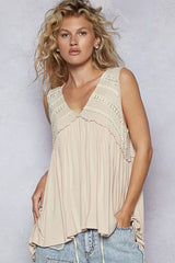 POL Lace Trim Babydoll Sleeveless Top with Ruffled and Raw Edge Detail ALMOND OutfitFlow