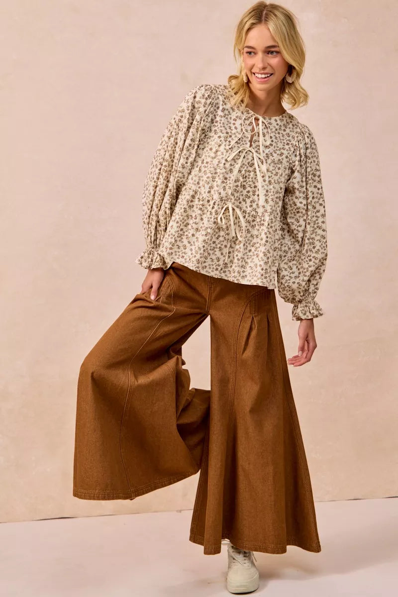 BiBi Floral Printed Peplum Blouse with Shirring and Tied OutfitFlow