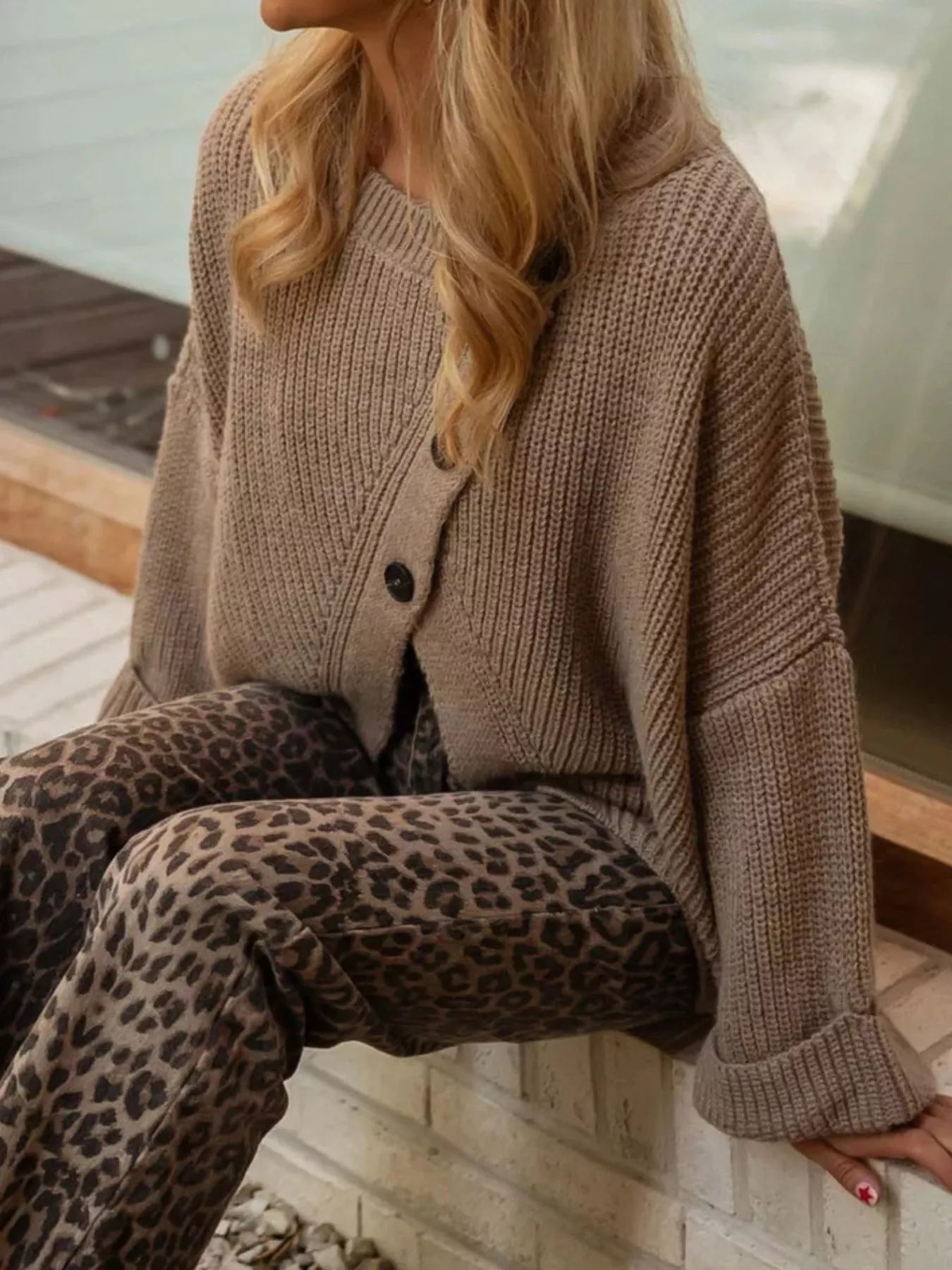 Asymmetrical Button Detail Sweater Trendsi