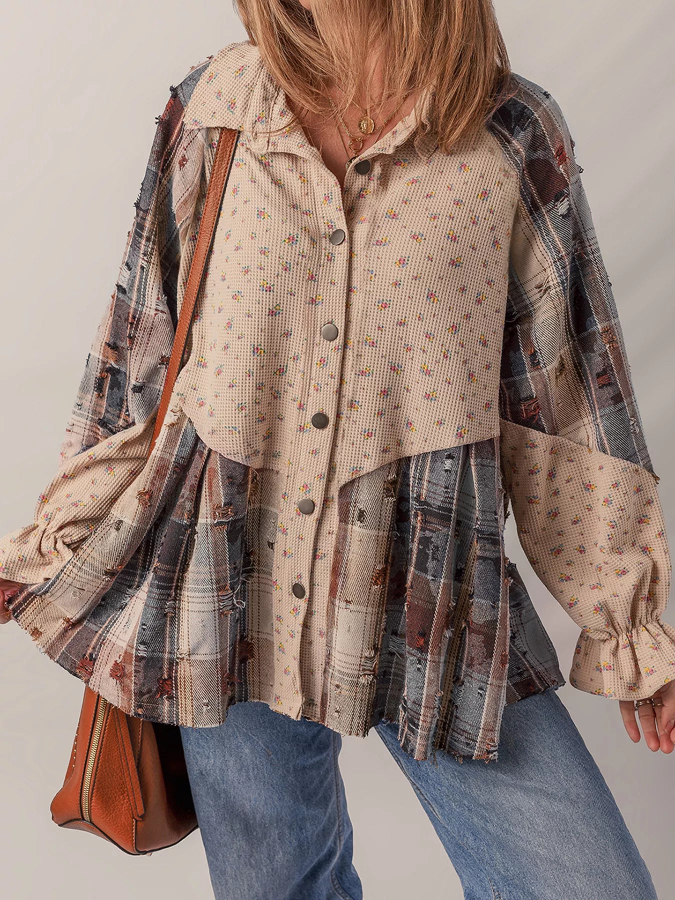 Boho Floral Plaid Patchwork Distressed Detail Ruffled Sleeve Waffle Knit Shacket OutfitFlow