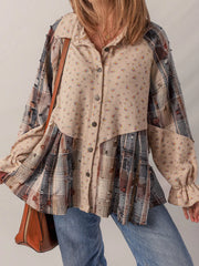 Boho Floral Plaid Patchwork Distressed Detail Ruffled Sleeve Waffle Knit Shacket OutfitFlow