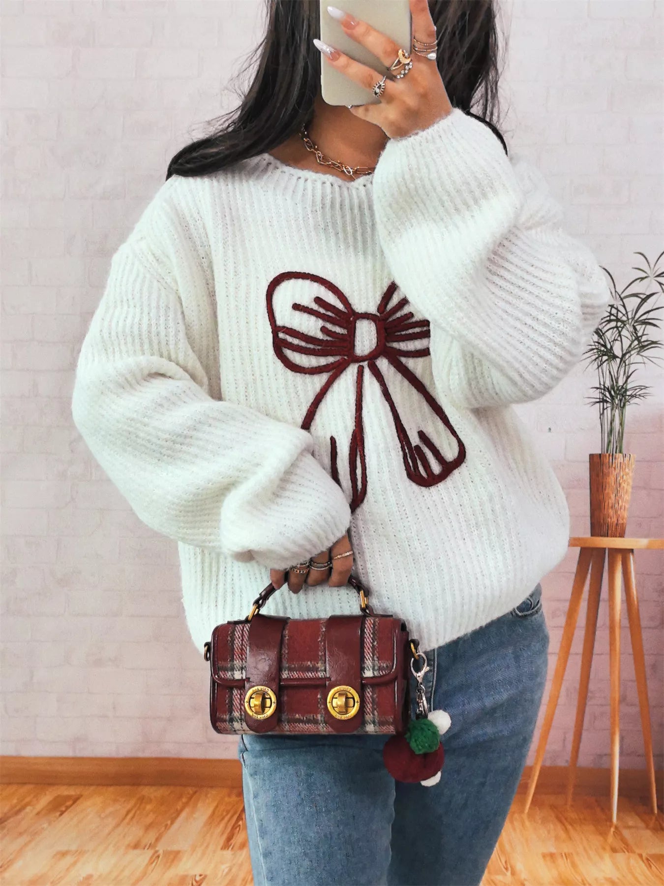 Bow Round Neck Long Sleeve Sweater OutfitFlow