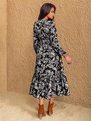 Floral Print V-Neck Long Sleeve Ruffle Hem Midi Dress OutfitFlow