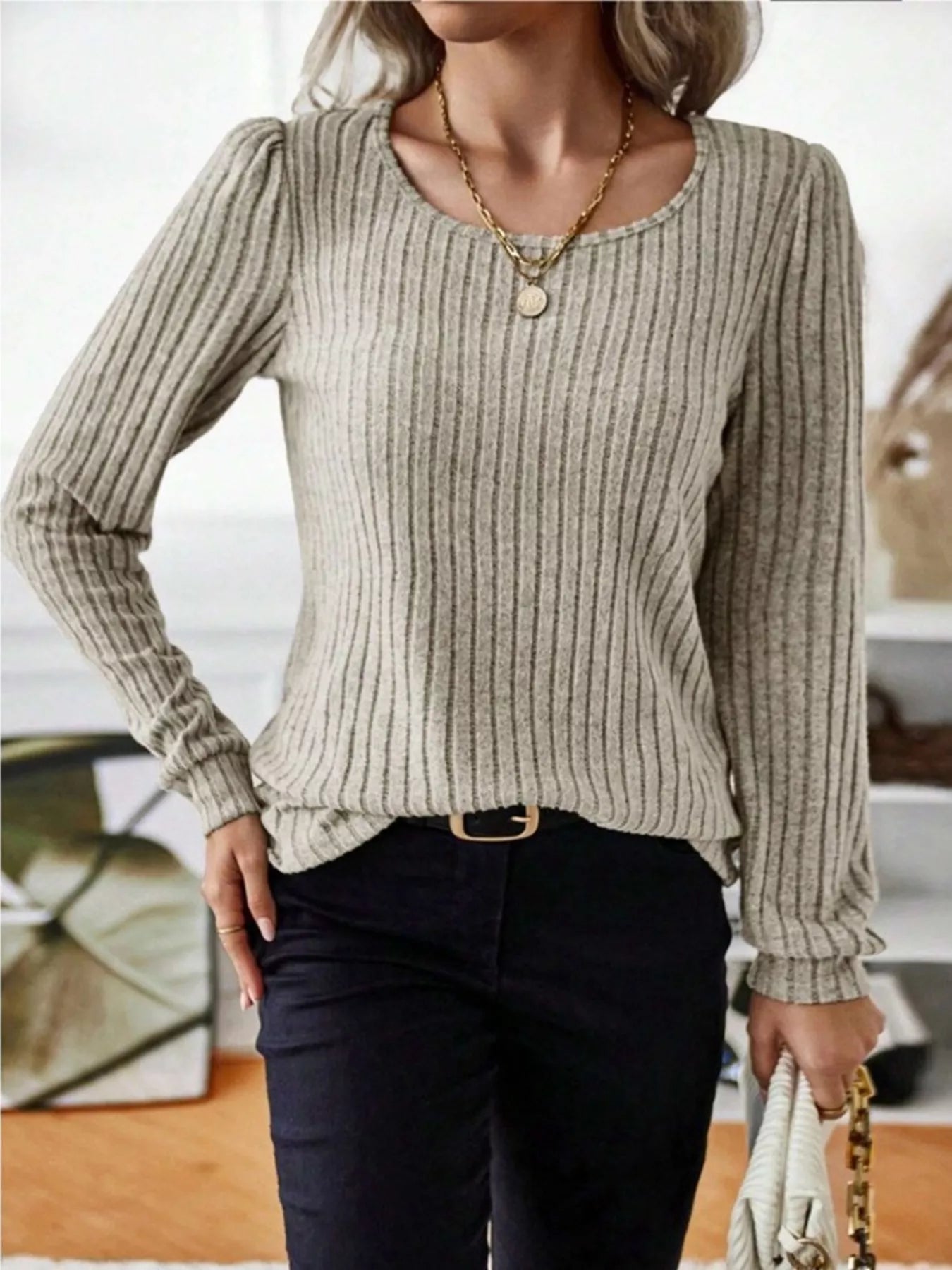 Ribbed Knit Long Sleeve T-Shirt OutfitFlow