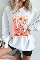 Boots Graphic Round Neck Long Sleeve Sweatshirt OutfitFlow