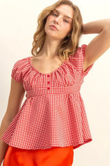 HYFVE Gingham Scoop Neck Cap Sleeve Blouse RED OutfitFlow