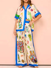 Printed Button Up Shirt and Pants Set OutfitFlow