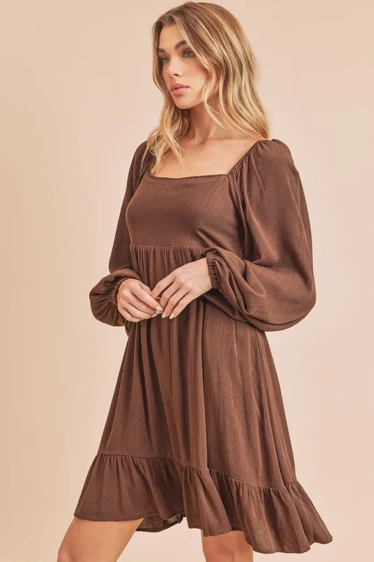 Aemi + Co Ruffled Hem Square Neck Balloon Sleeve Mini Dress OutfitFlow