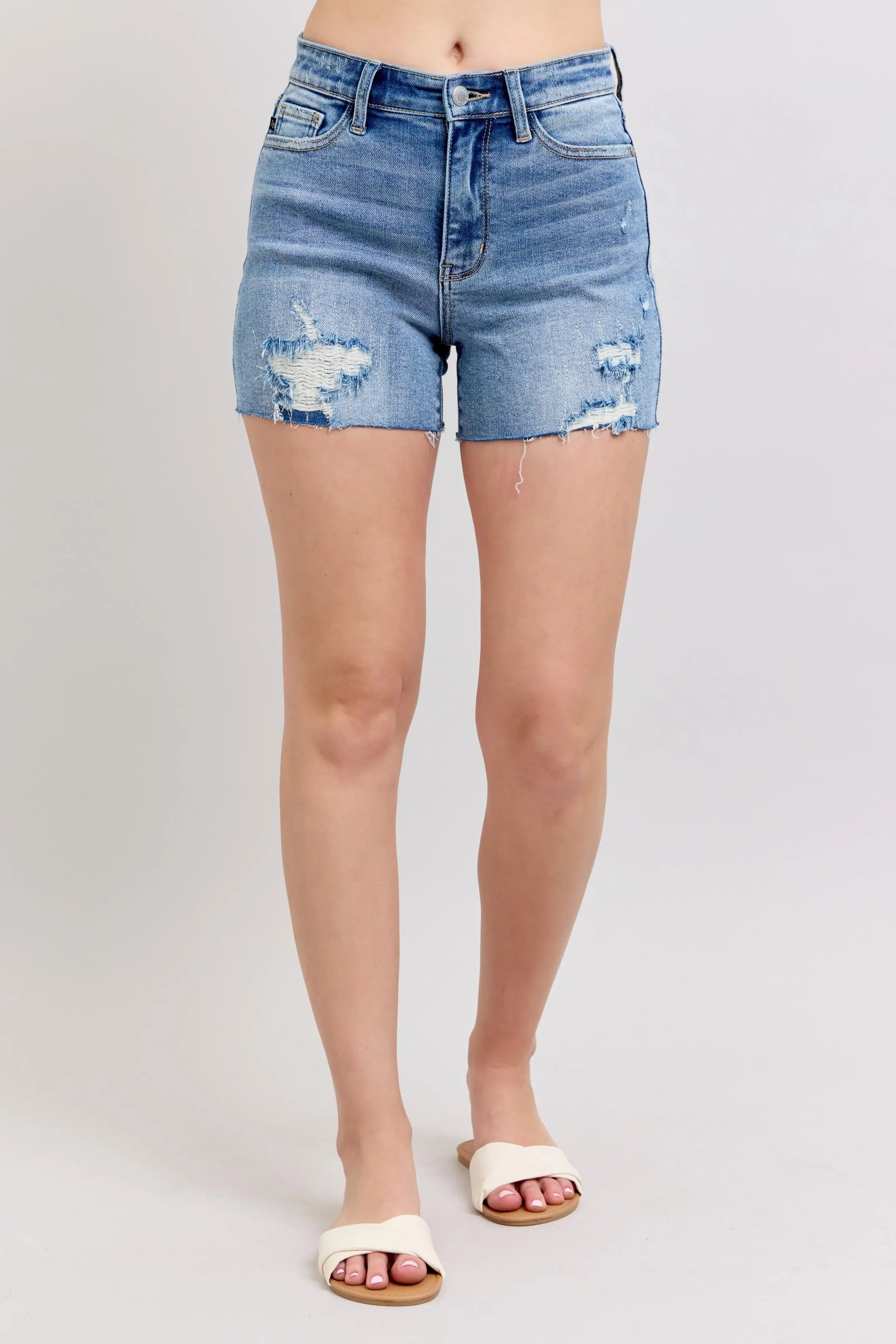 Judy Blue Full Size High Waist Denim Shorts W/stitch Over Destroy Detail Plus Size OutfitFlow