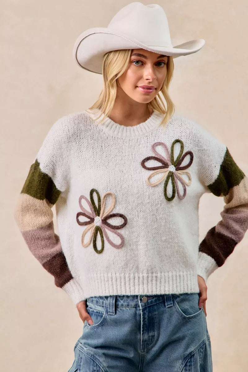 BiBi Flower Color Block Sweater OutfitFlow