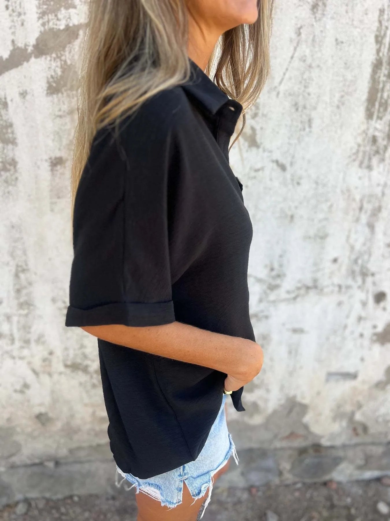 Full Size Casual Button Down Short Sleeve Loose Shirt Plus Size OutfitFlow
