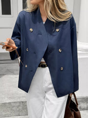 Double-Breasted Long Sleeve Jacket Dark Blue OutfitFlow