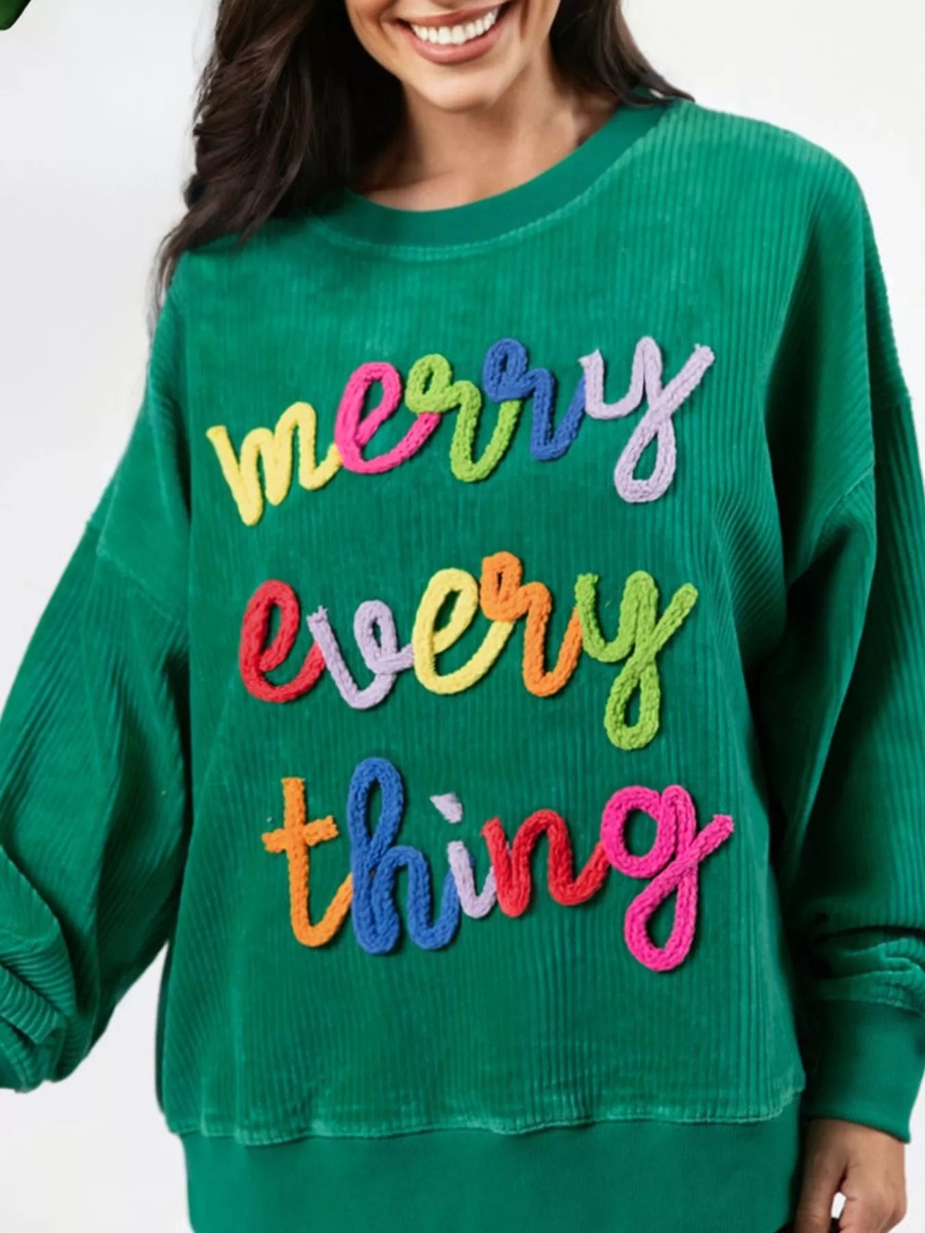 Merry Little Thing Corded Letter Graphic Ribbed Sweatshirt OutfitFlow