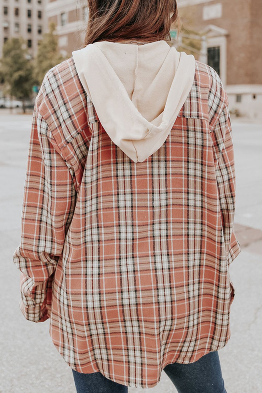 Outfit Flow - Drawstring Plaid Hooded Long Sleeve Shirt