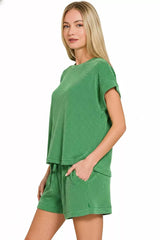 Zenana Raised Rib Cap Sleeve Top & Shorts Set OutfitFlow