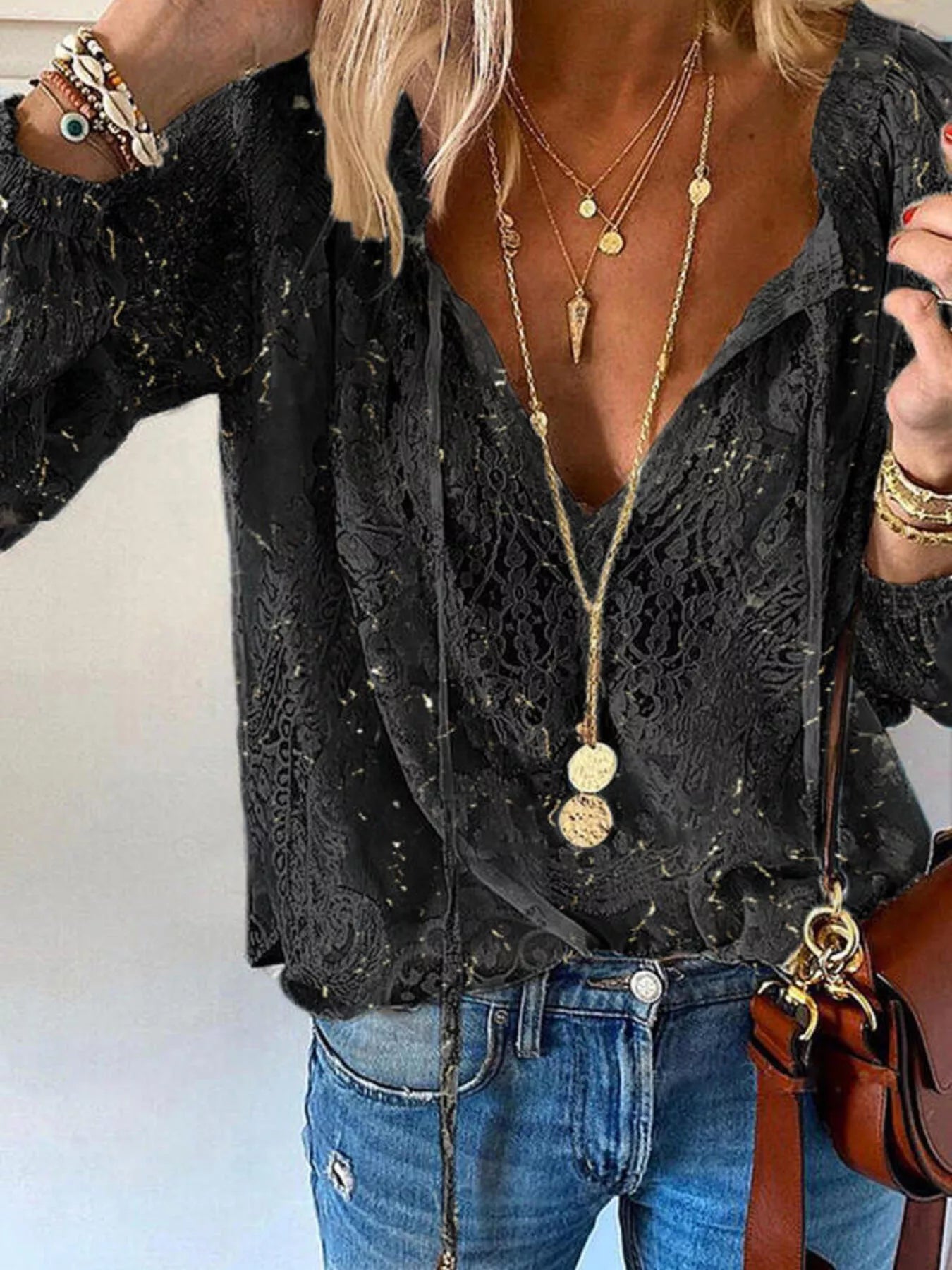 Lace Tie-Neck Blouse Trendsi