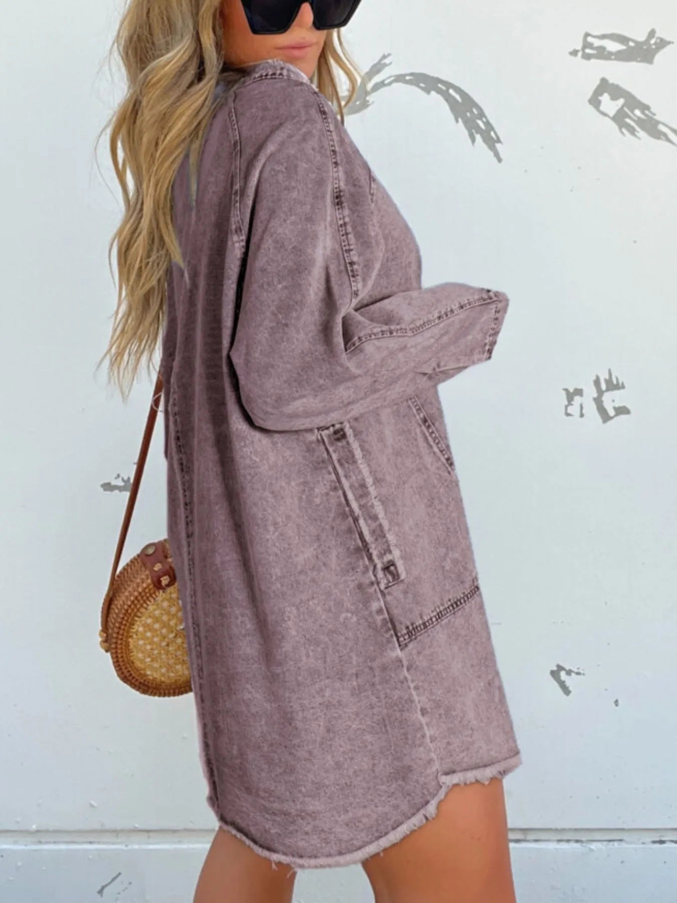 Full Size Button-Front Long Sleeve Denim Shirt Dress Plus Size OutfitFlow