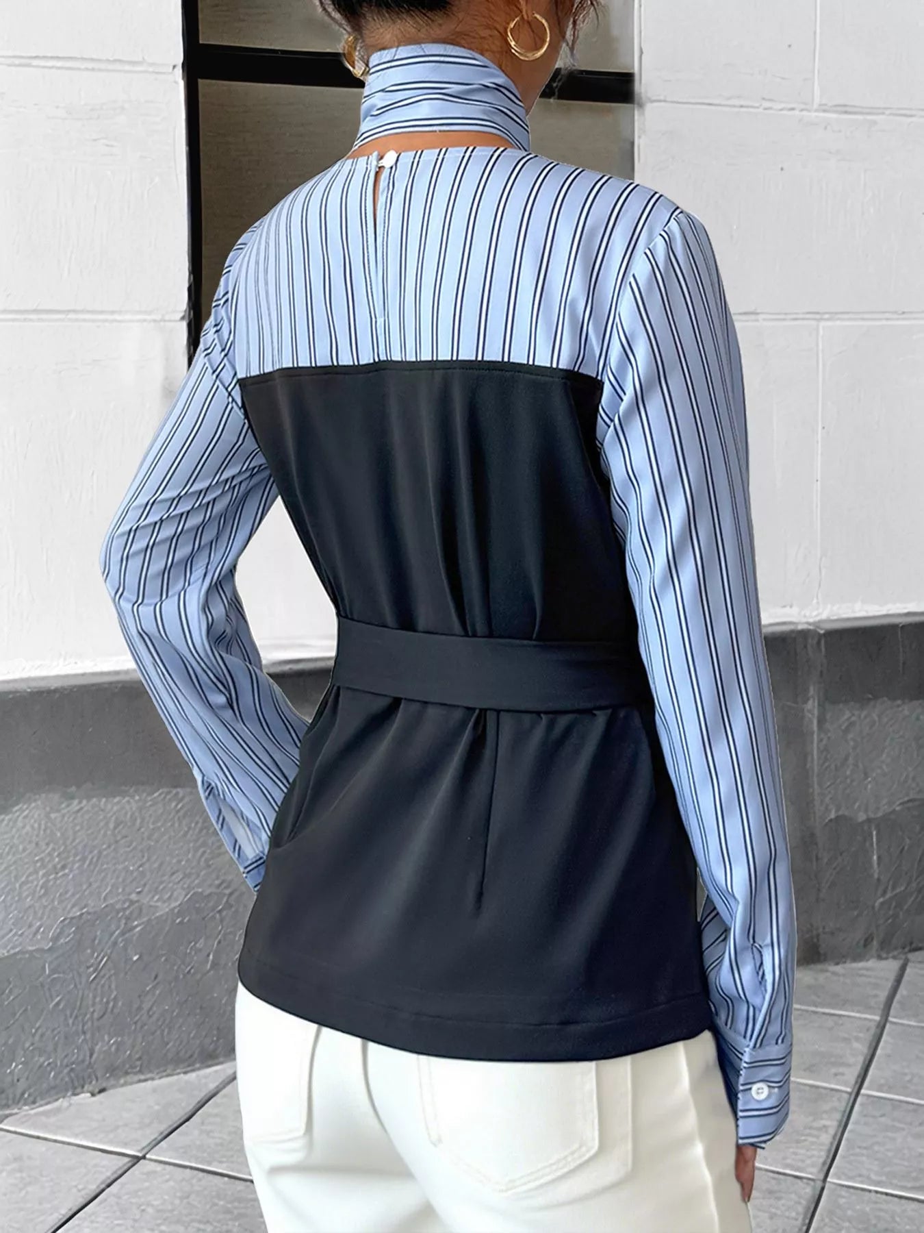 Striped Long Sleeve Blouse with Bow Tie OutfitFlow