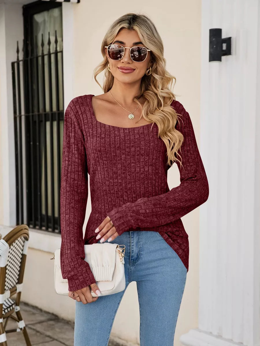 Ribbed Square Neck Long Sleeve T-Shirt Trendsi