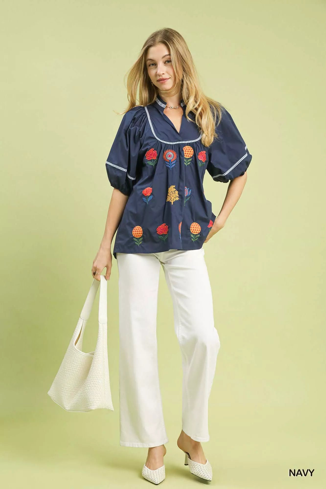 Umgee Embroidered Floral Puff Sleeve Top OutfitFlow