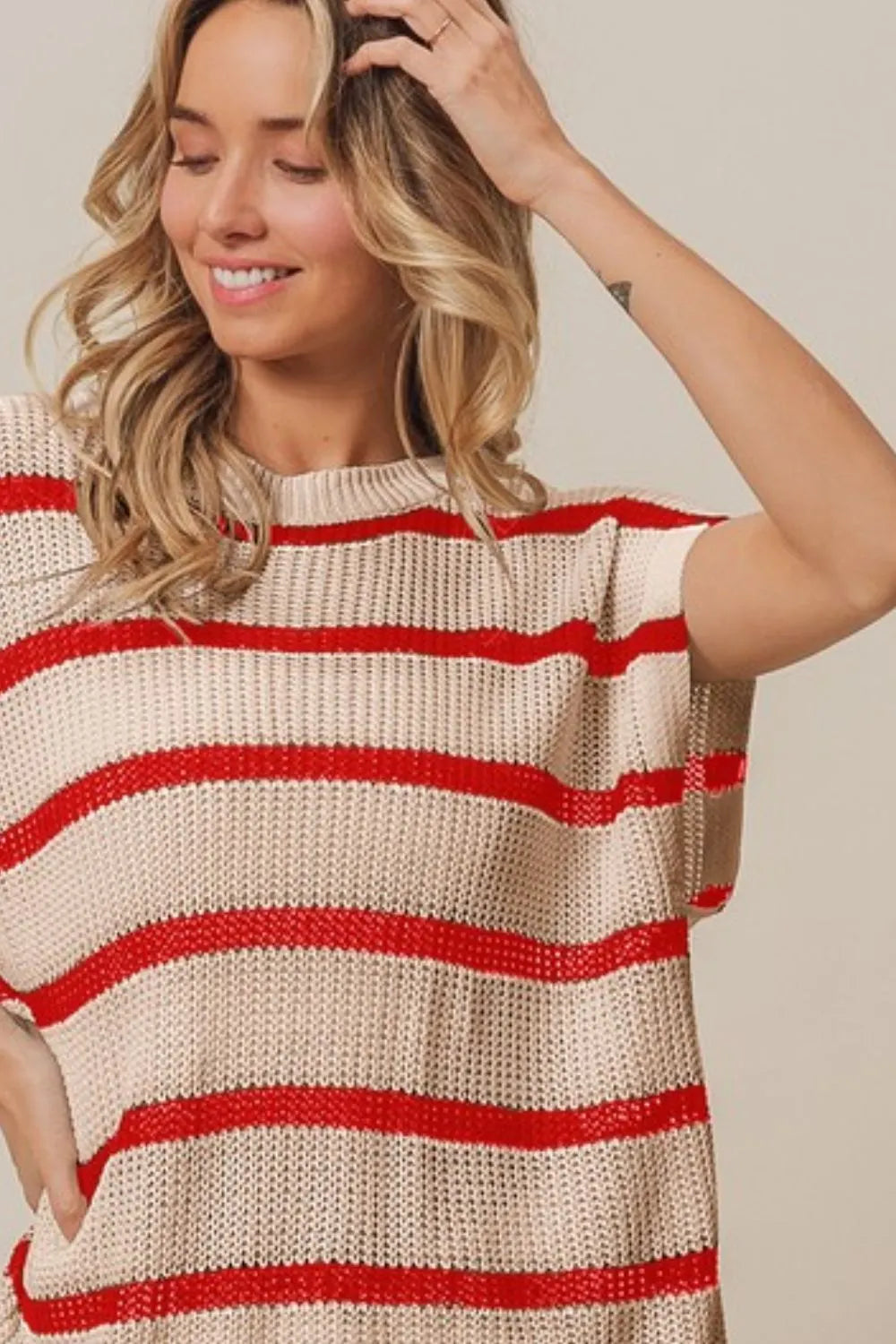 BiBi Fourth Of July Stripe Drop Shoulder Sweater OutfitFlow