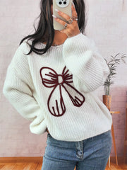 Bow Round Neck Long Sleeve Sweater White One Size OutfitFlow