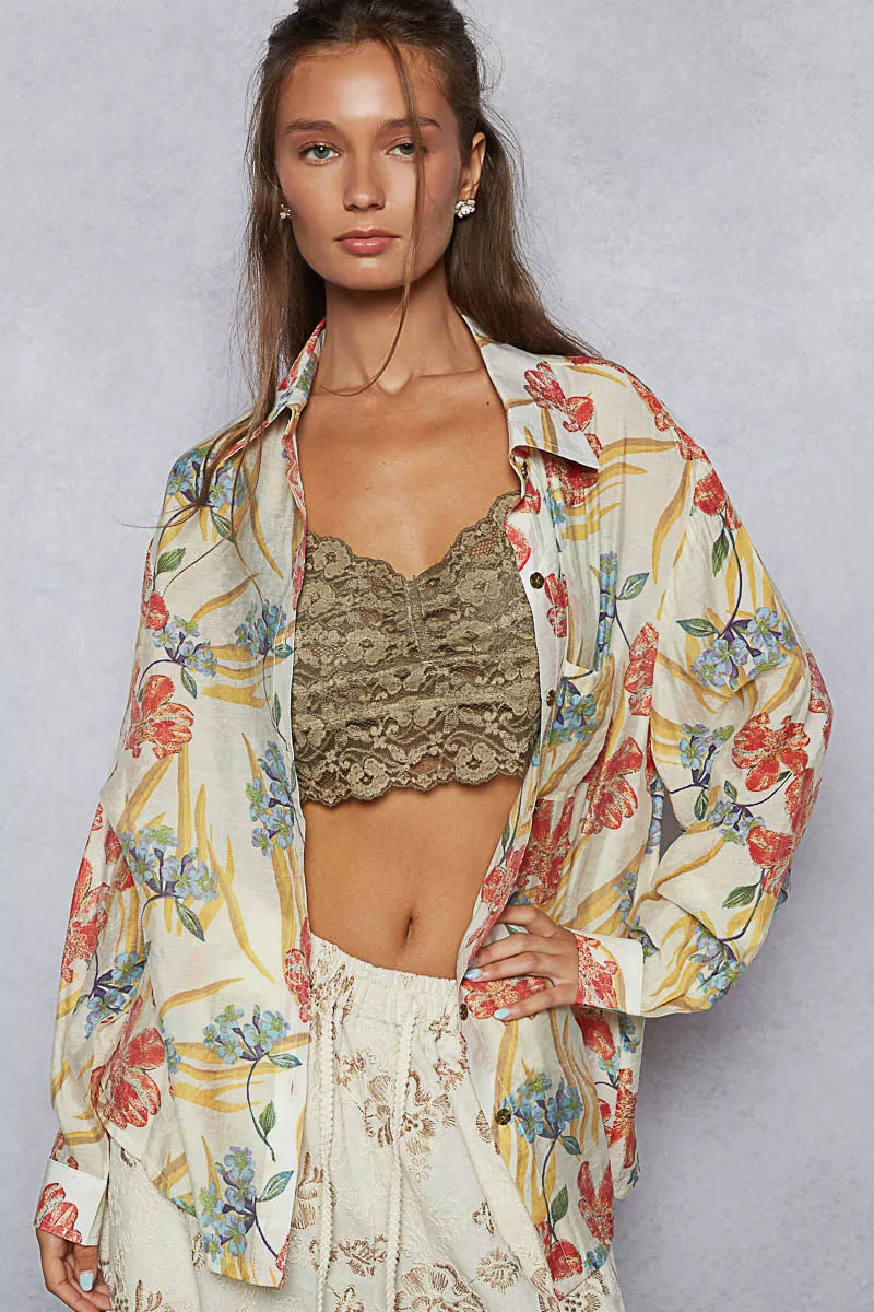 POL Floral Print Button Down Long Sleeve Shirt OutfitFlow