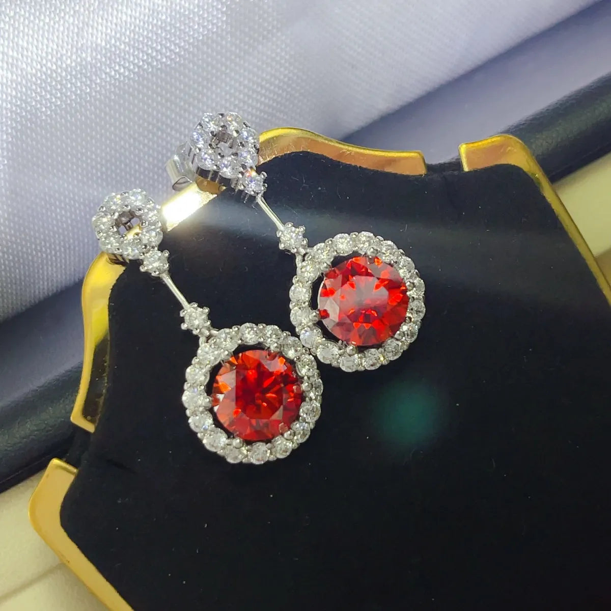 4 Carat Ruby Red Crystal Drop Earrings with Rhinestone Halo OutfitFlow