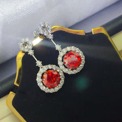 4 Carat Ruby Red Crystal Drop Earrings with Rhinestone Halo OutfitFlow