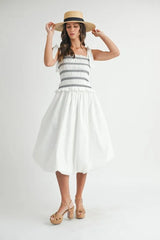 MABLE Smocked Bodice Bubble Midi Dress OutfitFlow
