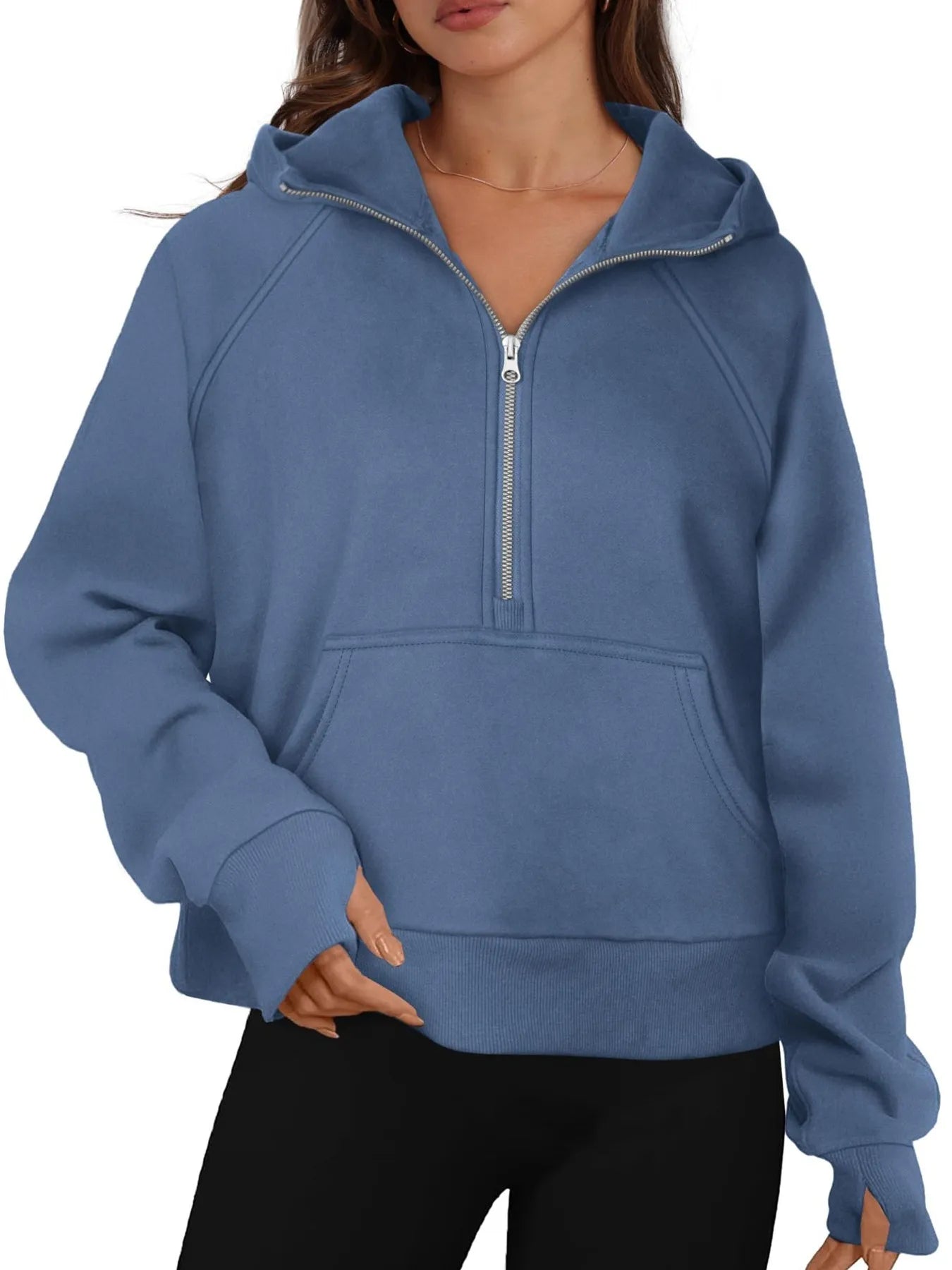 Half-Zip Hoodie with Kangaroo Pocket Gray Blue OutfitFlow