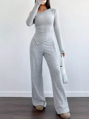 One-Shoulder Long Sleeve Top and Pants Set Light Gray OutfitFlow